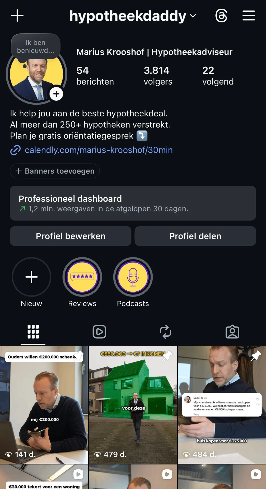 Het Instagram-profiel van Hypotheek Daddy met 3.814 volgers en 1,2 miljoen weergaven in de afgelopen 30 dagen