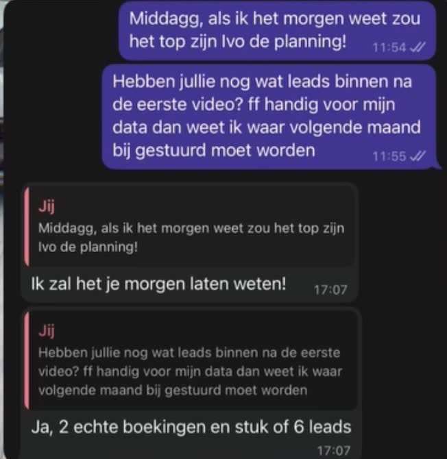 Klant na de eerste video: 2 echte boekingen en zo’n 6 leads